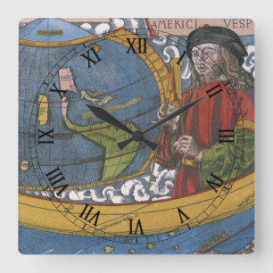 Horloge Carrée Amerigo Vespucci Explorateur sur une carte des Amé