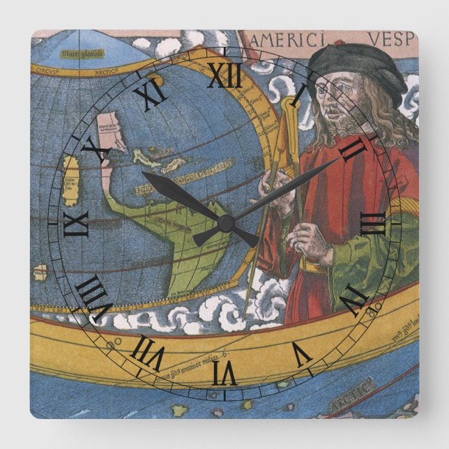 Horloge Carrée Amerigo Vespucci Explorer sur une carte des Amériq (Recto)