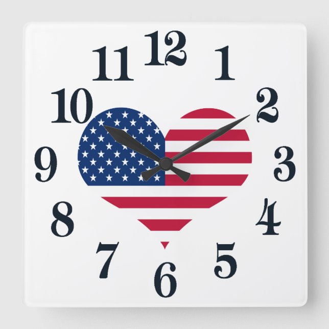 Horloge Carrée Amérique drapeau américain coeur États-Unis (Recto)