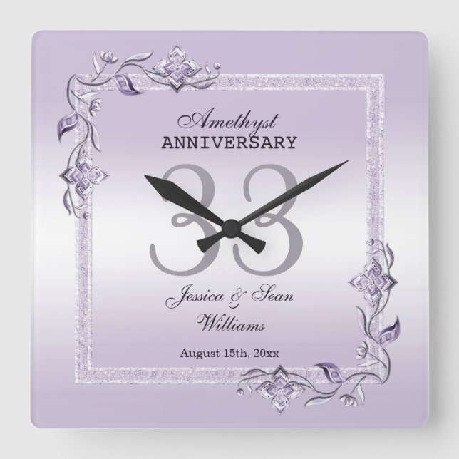 Horloge Carrée Amethyst Gem & Parties scintillant 33e anniversair (Recto)