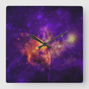 Horloge Carrée Amethyst Sky, Golden Planet n Nebula Wall Clock