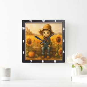 Horloge Carrée Amical Scarecrow Sunny Field