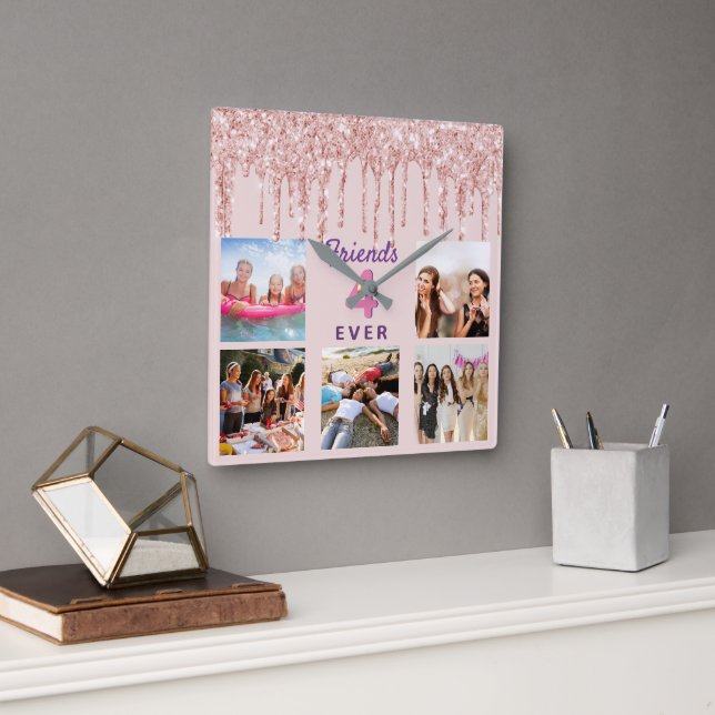 Horloge Carrée Amis pour toujours photo collage rose or (Bureau)