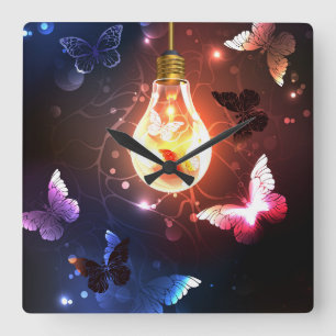 Horloge Carrée Ampoule lumineuse avec papillons nocturnes