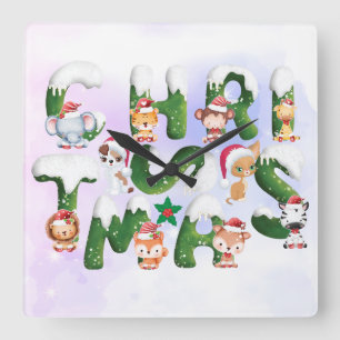 Horloge Carrée Amusant Alphabet de Noël avec animal sauvage