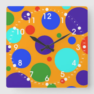 Horloge Carrée Amusant Coloré Gros Points Bleus Orange Vert