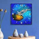 Horloge Carrée Amusant, coloré, méduse de l'océan, photo-cercle a<br><div class="desc">Prenez une leçon de cette méduse jaune orangé flottant dans l'océan bleu turquoise et laissez la vie suivre son cours chaque fois que vous regardez l'heure sur cette étonnante horloge murale photo aux couleurs vibrantes. Vous avez le choix entre une horloge ronde ou carré. Fait un grand cadeau pour le...</div>