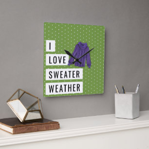 Horloge Carrée Amusants J'AIME SWEATER MÉTÉO Typographie Pois