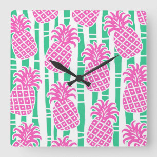 Horloge Carrée Ananas Bambou rayures rose et Motif vert
