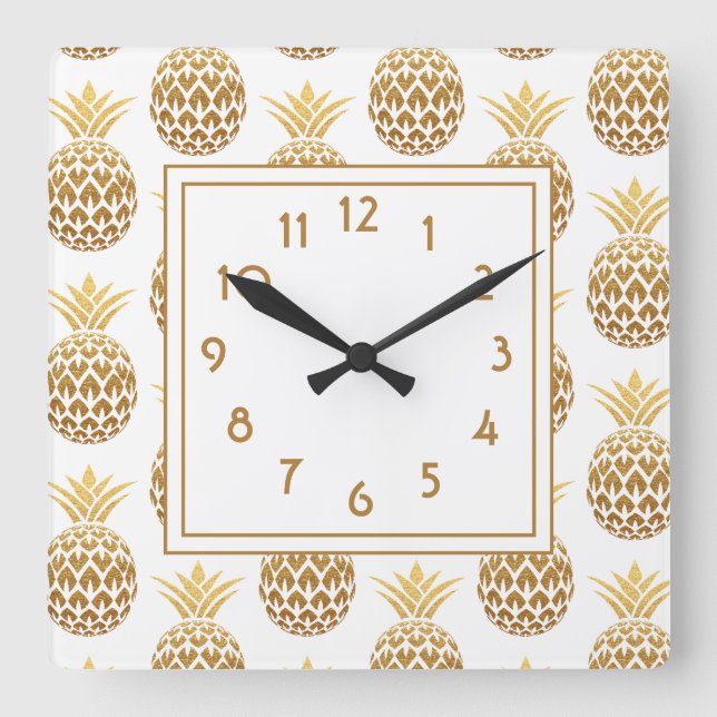 Horloge Carrée Ananas dorés élégants blancs  (Recto)
