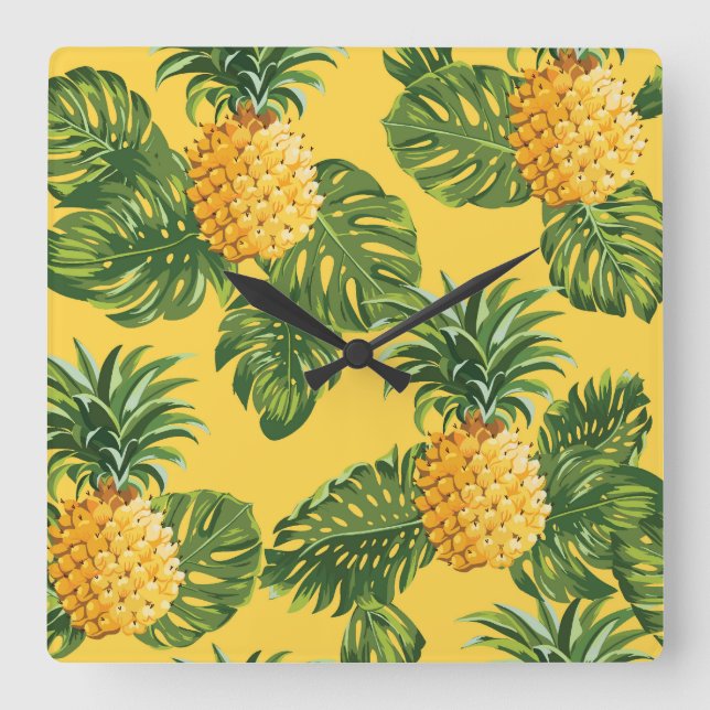 Horloge Carrée Ananas & Feuilles Tropicaux En Or (Recto)