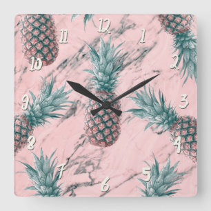 Horloge Carrée Ananas & Marbre Rose Tourbillon Moderne Chic Tropi
