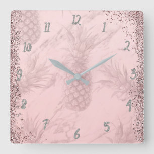 Horloge Carrée Ananas Pailleté Or Rose Tropical Chic