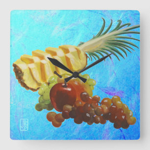 Horloge Carrée Ananas, Pomme, Poire, Raisins Cuisine acrylique