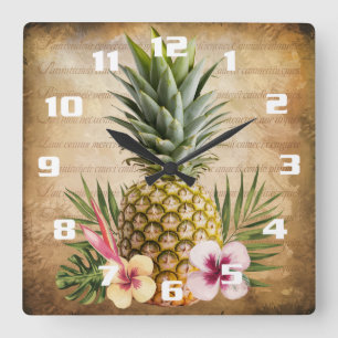 Horloge Carrée Ananas tropical calligraphie française chic