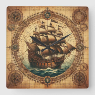 Horloge Carrée Ancien bateau à voile pirate 3