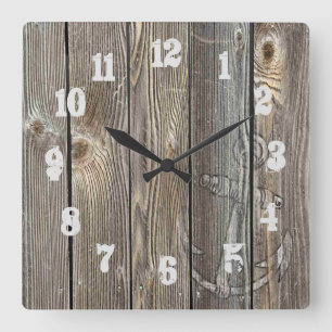 Horloge Carrée Ancre en bois d'aspect authentique à chiffres amél