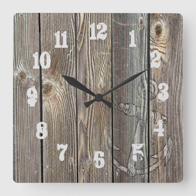 Horloge Carrée Ancre en bois d'aspect authentique à chiffres amél (Recto)