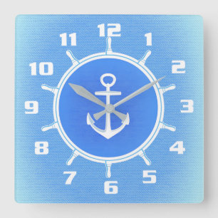 Horloge Carrée Ancre et roue nautiques bleu pâle et blanc