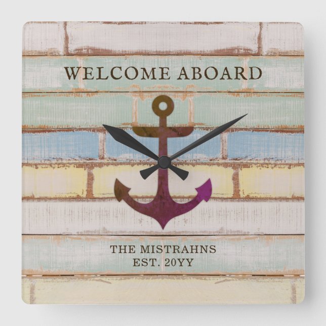 Horloge Carrée Ancre nautique Accueil en bois à bord Nom du batea (Recto)