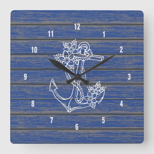 Horloge Carrée Ancre nautique blanche en bois peinte rustique (Recto)