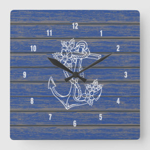Horloge Carrée Ancre nautique blanche en bois peinte rustique