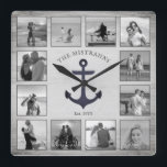 Horloge Carrée Ancre nautique Bois rustique Photos noir et blanc<br><div class="desc">Ce design d'ancre nautique présente un arrière - plan en bois gris patiné avec espace pour 12 photos, toutes en noir et blanc ! Cliquez sur le bouton personnaliser pour plus de flexibilité dans la modification/ajout de texte et d'éléments de conception ! Des variantes de cette conception ainsi que des...</div>