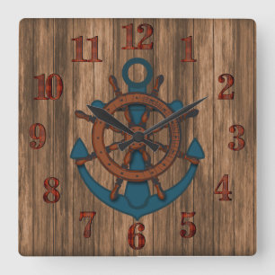 Horloge Carrée Ancre nautique en bois vieilli