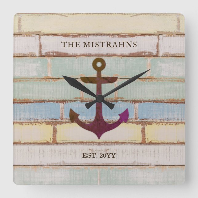 Horloge Carrée Ancre nautique Nom de la famille du bateau en bois (Recto)