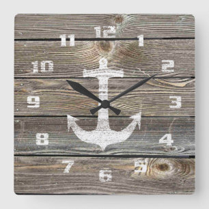 Horloge Carrée Ancre nautique rustique en bois d'aspect authentiq