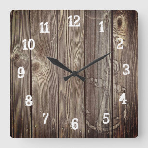 Horloge Carrée Ancre nautique vintage en bois rustique ancien
