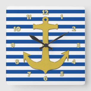 Horloge Carrée Ancre or & rayures + votre arrière - plan & idées
