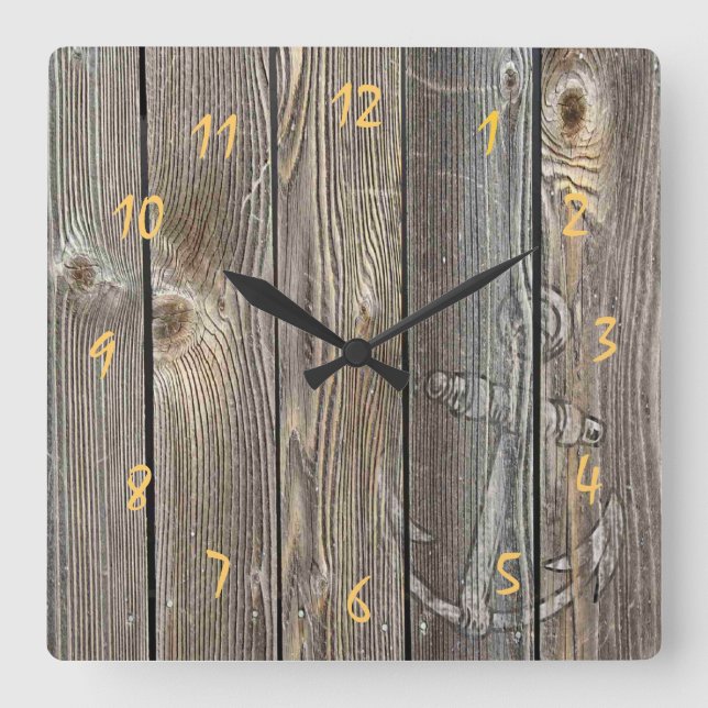 Horloge Carrée Ancre rustique et bois d'aspect authentique magnif (Recto)