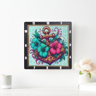 Horloge Carrée Ancre turquoise Conception nautique