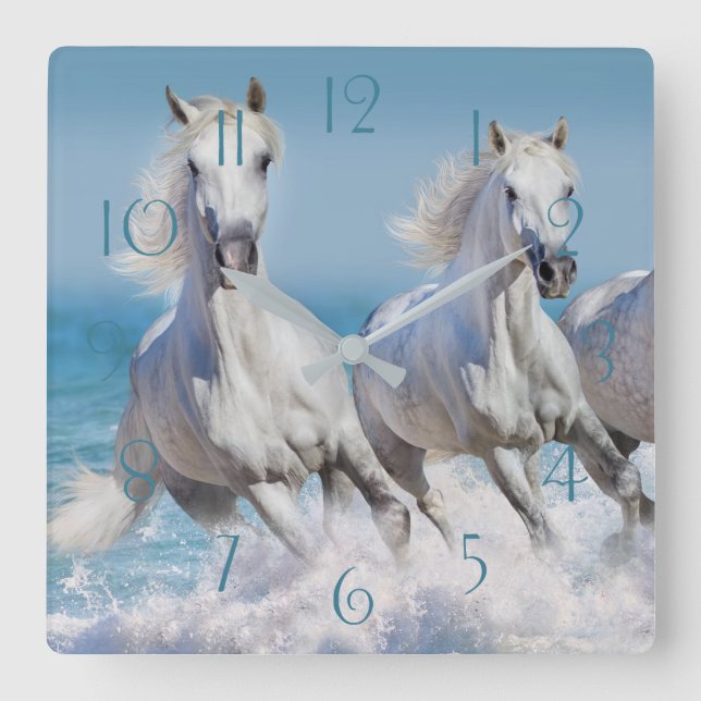 Horloge Carrée Andalusian white horses run in the waves (Recto)