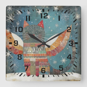 Horloge Carrée Ange céleste chat dans la neige hivernale