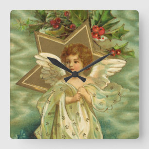 Horloge Carrée Ange de Noël victorien avec étoile dorée vintage
