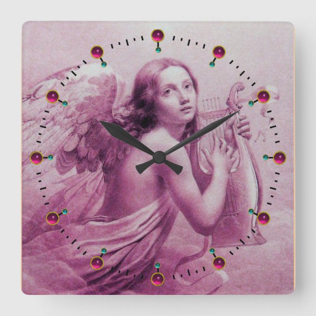 Horloge Carrée ANGE JOUER LYRA SUR LES NUAGES Rose Fuchsia (Recto)