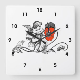 Horloge Carrée Ange Peinture D'Une Fleur Rouge