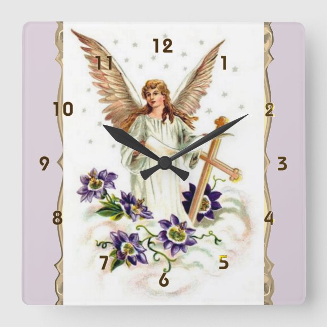 Horloge Carrée Angel Avec Croix Et Fleurs Clematis (Recto)