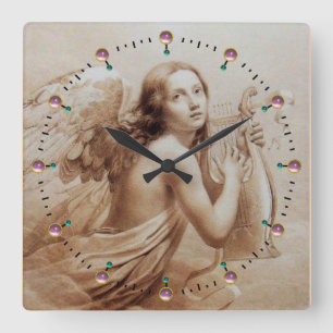 Horloge Carrée ANGEL PLAYING LYRA OVER THE CLOUDS Sepia Brown