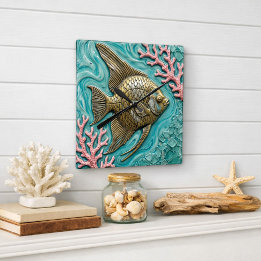 Horloge Carrée Angelfish Vie Marine Faux Métal
