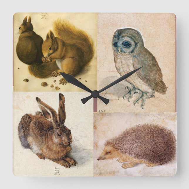 HORLOGE CARRÉE ANIMALS / RABBIT , OWL , HEDGEHOG AND SQUERRELS (Recto)