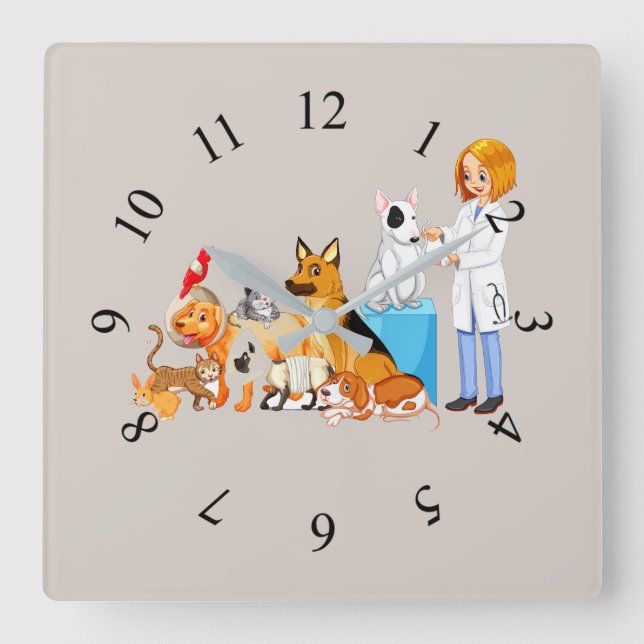 Horloge Carrée Animaux Animés avec vétérinaire (Recto)