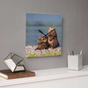 Horloge Carrée Animaux de bébés cutest   Mère Ours & Cubs