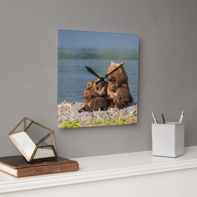 Horloge Carrée Animaux de bébés cutest | Mère Ours & Cubs (Bureau)