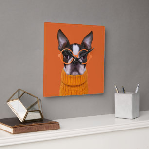 Horloge Carrée Animaux de bébés cutest   Orange Boston Terrier