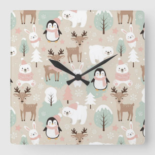 Horloge Carrée Animaux de forêt fantaisistes hivernaux en bois