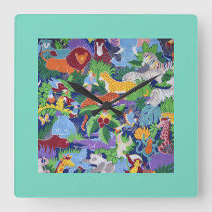 Horloge Carrée Animaux de jungle colorés
