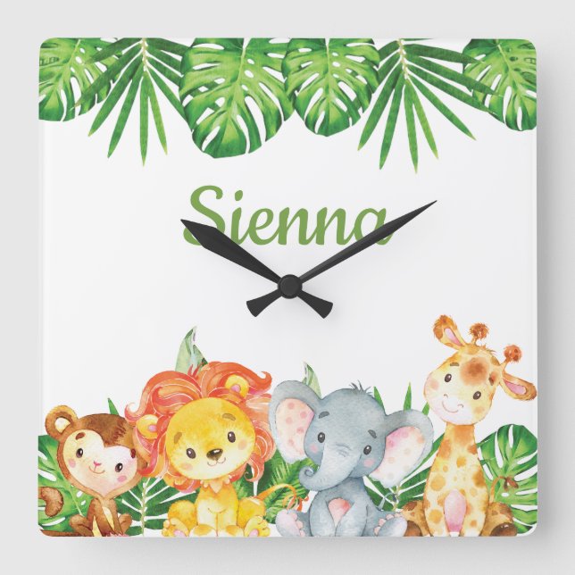Horloge Carrée Animaux de la jungle sauvage Safari Enfants Nurser (Recto)